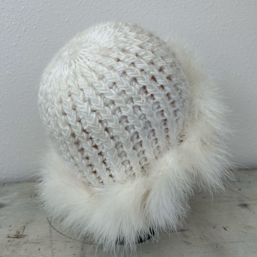 Vintage Chunky Knit Beanie Hat Feather Trim Y2K Winter Snow Bunny ski white - Picture 6 of 16